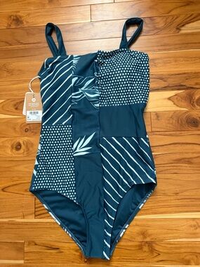 Patchwork Teal One-Piece Swimsuit with Mixed Prints